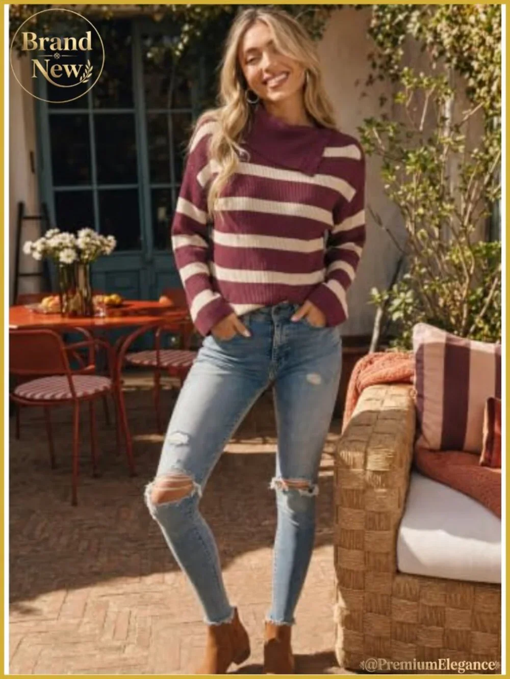 Women's Striped Knit Bell Sleeve Sweater, 3-in-1 Button Collar Turtleneck,